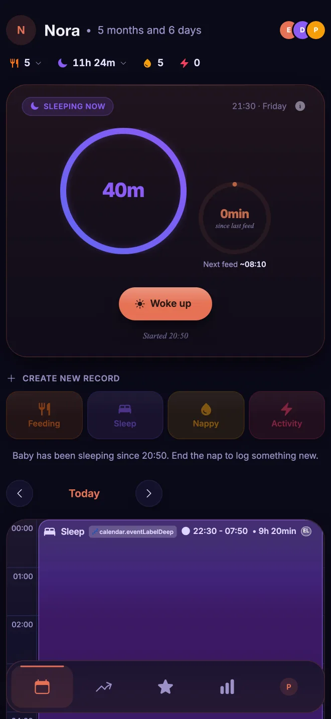 Naranest Today screen: Nora has been asleep for 40 minutes, with the day's summary and buttons to log a feed, sleep, nappy or activity.