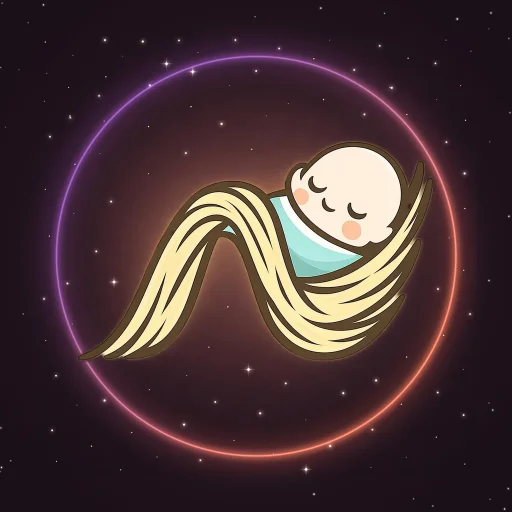 Naranest icon: a baby asleep in a nest, inside a purple and orange neon ring over a night sky.