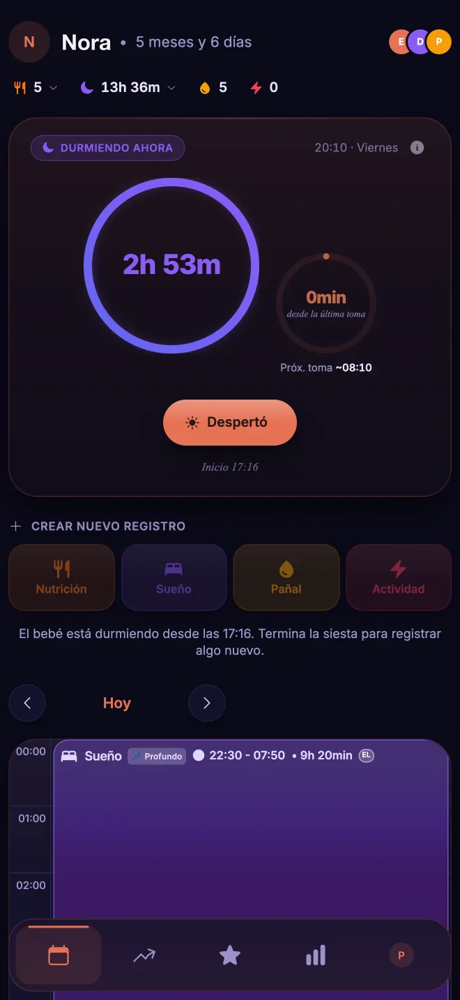 Pantalla de Hoy en Naranest: Nora lleva 2 horas y 53 minutos durmiendo, con el resumen del día y los botones para anotar una toma, un sueño, un pañal o una actividad.