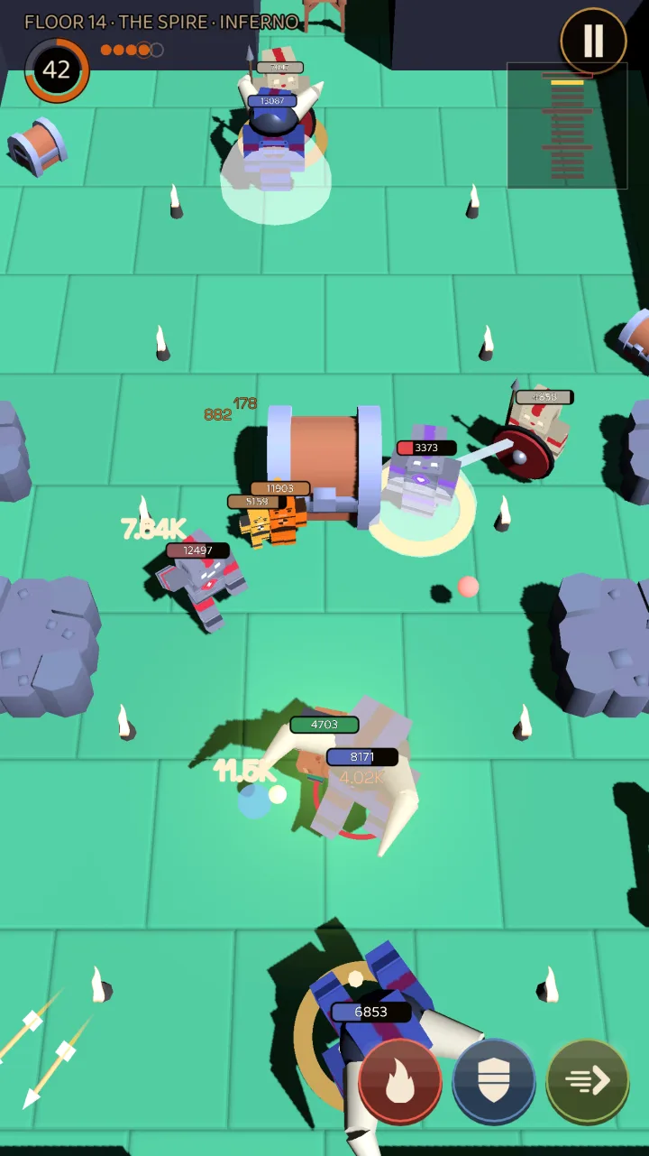 The hero surrounded by enemies on a floor of The Spire, with incoming attacks marked on the tiled floor and damage numbers over the enemies.