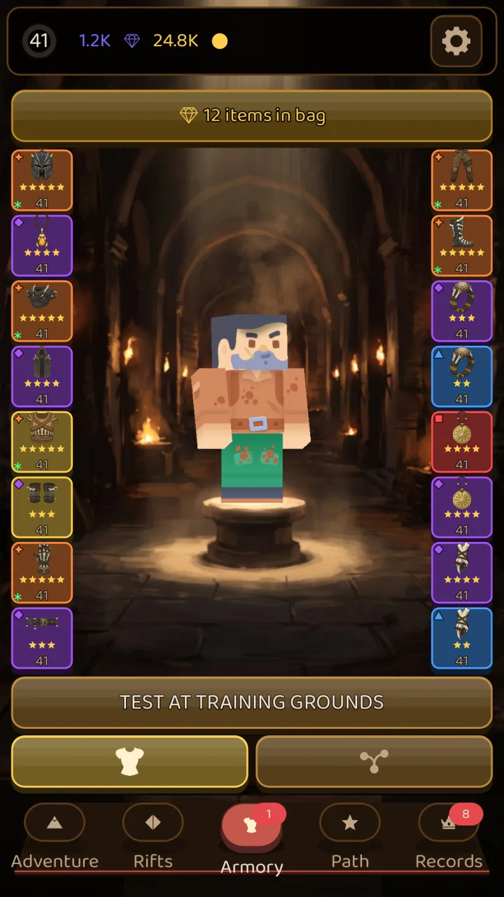The Armory: the hero on a pedestal with the gear for each slot on both sides, showing rarity and stars.