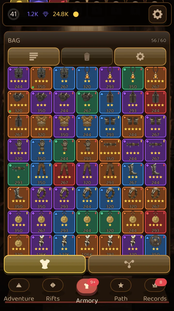 The bag full of gear sorted by rarity, each piece with its icon, stars and level.