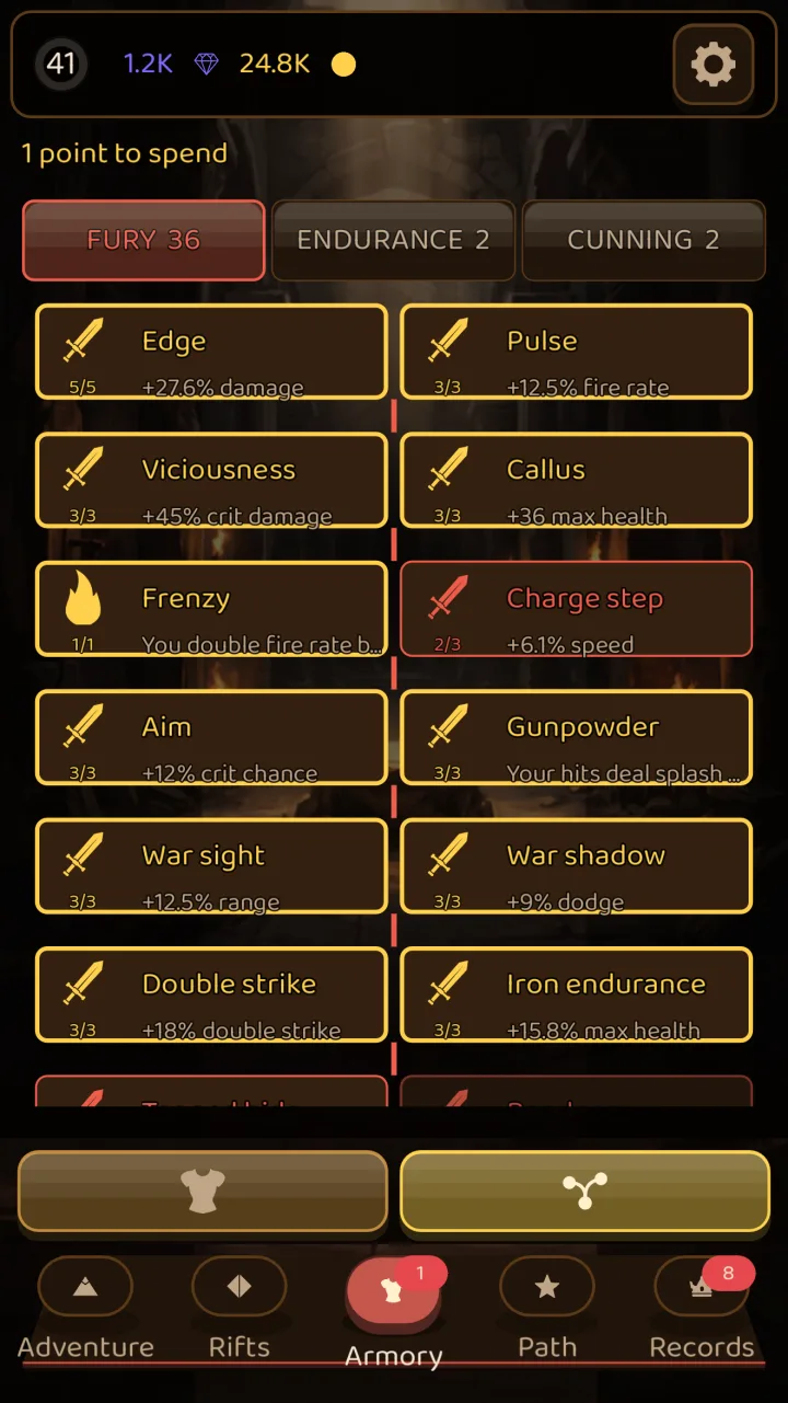 The talent tree with its three branches, Fury, Endurance and Cunning, and each node's effect.