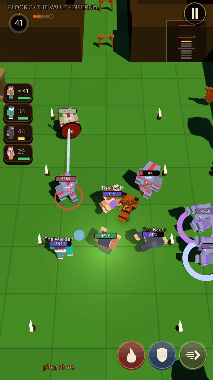 Four players in the same game, each with their own hero and name, fighting together.