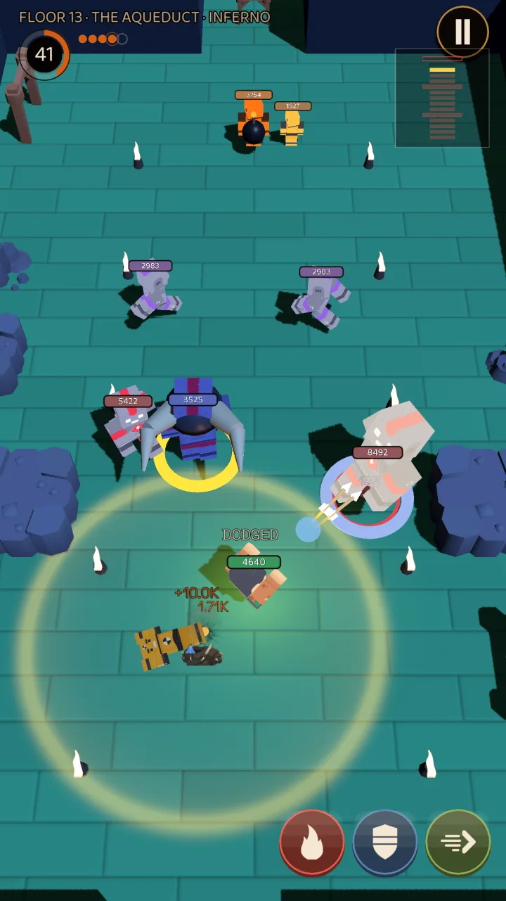 The hero alone against several enemies on a floor of The Aqueduct, with blue tiles.