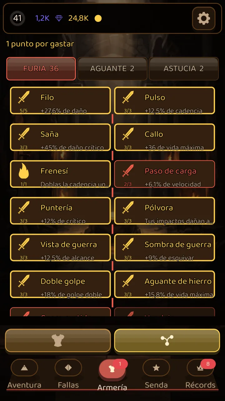 El árbol de talentos con sus tres ramas, Furia, Aguante y Astucia, y los nodos con su efecto.